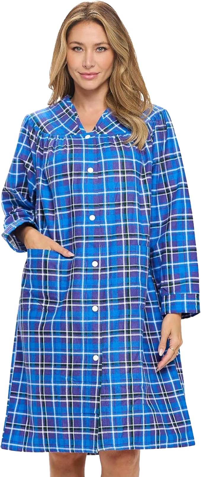 Casual Nights Women's Floral Snap Front Flannel Duster Long Sleeve Lounger Dress