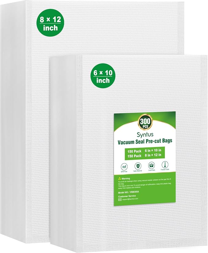 Syntus 300 Pcs Vacuum Sealer Bags for Food, 8x12+6x10, BPA Free | Precut Bags, 150 Quart + 150 Pint, Sous Vide Microwave Freezer Safe, Food Vacuum Storage, For All Vacuum Sealers