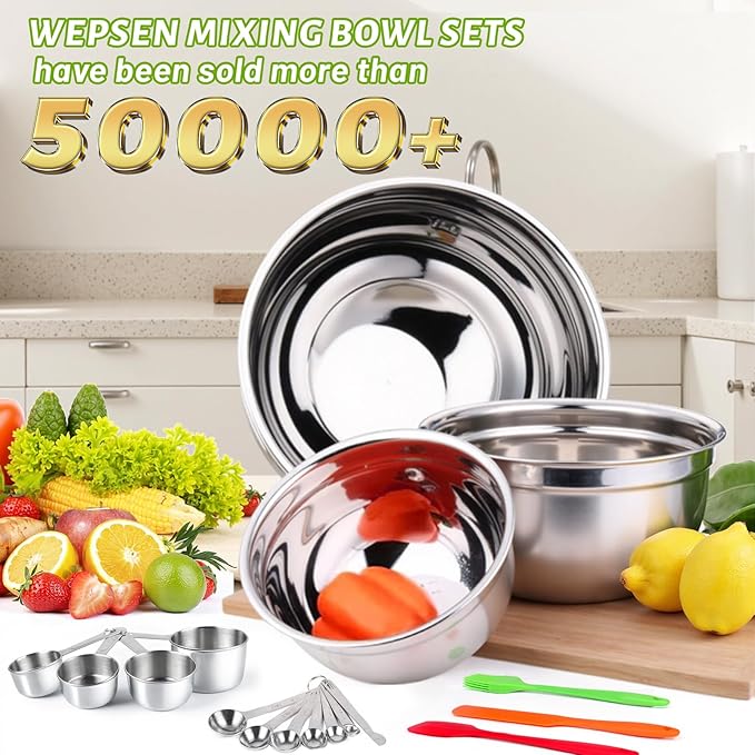 WEPSEN Mixing Bowls with Lid Set, 25PCS Kitchen Utensils Metal Bowl Stainless Steel Nesting Bowls, Measuring Cups and Spoons, Egg Whisk for Baking Prepping Cooking Serving Supplies