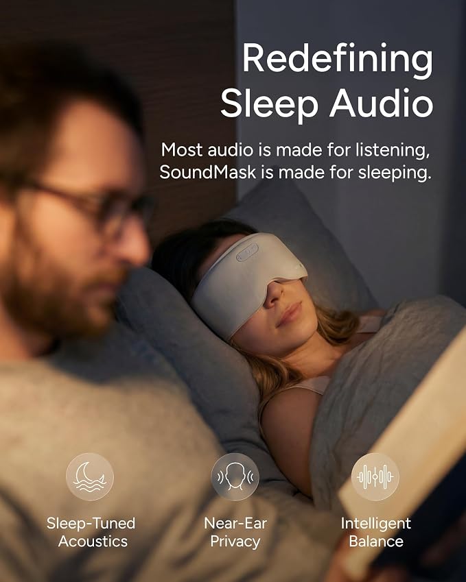 Sleenova SoundMask - Sleep Mask with Built-in Tuned Sleep Audio, Side Sleeper Optimized, Phone-Free Sleep & Nap, Bluetooth Modes, Cloud Grey
