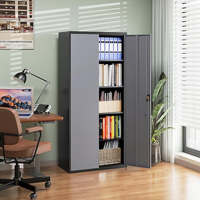 Metal Garage Storage Cabinets with Lock Door and Adjustable Shelves, Steel Tool Cabinets for Home,Office,Warehouse Organisieren (Black Gray)