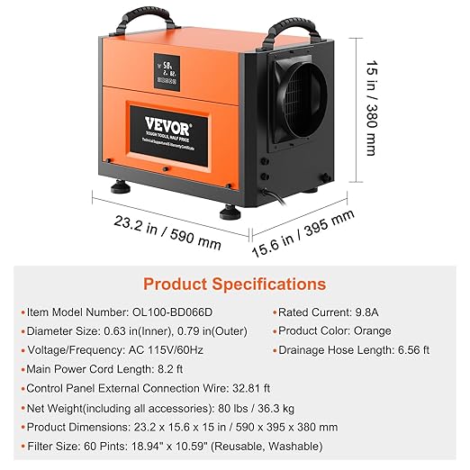 VEVOR 190 Pints Commercial Dehumidifier with Drain Hose for Crawl Spaces, Basements Warehouse & Job Sites, Large Capacity Dehumidifier for Water Damage Restoration, Auto Defrost, CSA Listed