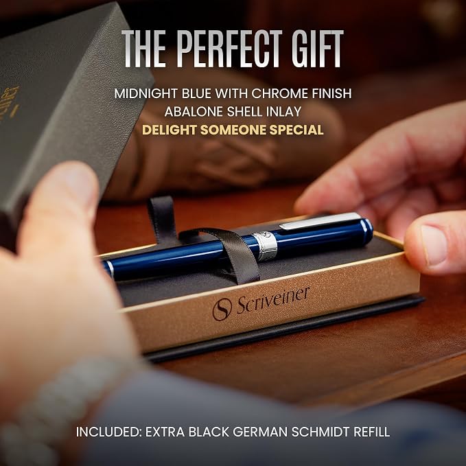Scriveiner Midnight Blue Rollerball Pen - Stunning Blue Lacquer Luxury Pen, Chrome Finish, Schmidt Ink Refills, Men & Women, Professional, Executive Office, Nice Pen