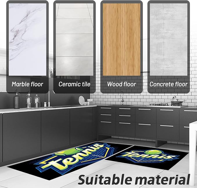 Tennis Net Tennis Ball Kitchen Rugs Non Slip Blue Kitchen Mats Machine Washable Rugs 2 Pieces Minimalist Sports Design Runner Carpet, 20"x32"+20"x71"