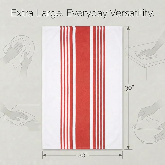 Urban Villa Kitchen Towels 100% Cotton Dish Towels for Kitchen (Set of 6) 20”x30” Dish Cloths Highly Absorbent Kitchen Linen Set with Hanging Loop Perfect for Drying Dishes Cleaning Towels-Red White