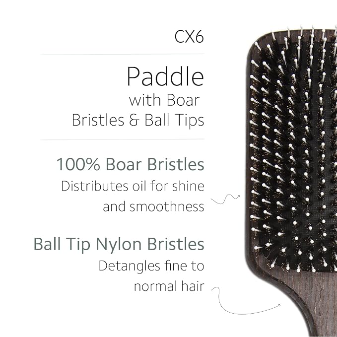 Ibiza Hair Detangling Paddle Brush (CX6) | 100% Boar Bristles with Ball-Tipped Quills for a Polished, Shiny Look | Durable Carbonized Wood | Ideal for Long Styles & Large Sections