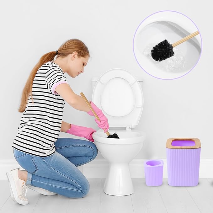 XLHOMO Purple Bathroom Accessory Set, Light Purple Bathroom Set with Trash Can, Tray, Toothbrush Holder,Toothbrush Cup,Soap Dispenser,Soap Dish,Toilet Brush and Qtip Holders