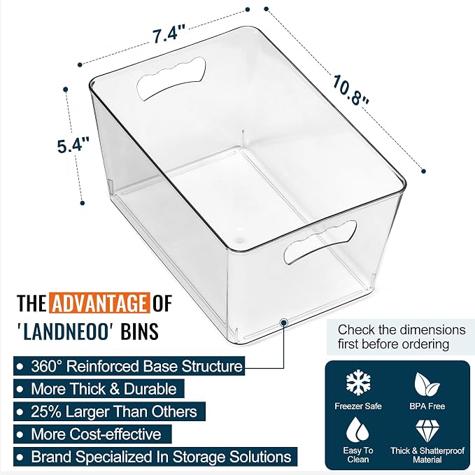 12 PACK LARGE Clear Storage Bins with Handles & Labels, Multiuse Plastic Pantry Organizer Bins for Home Kitchen, Fridge, Freezer, Cabinet, Closet, Bathroom, Shelf, Laundry, RV, Under Sink Organization