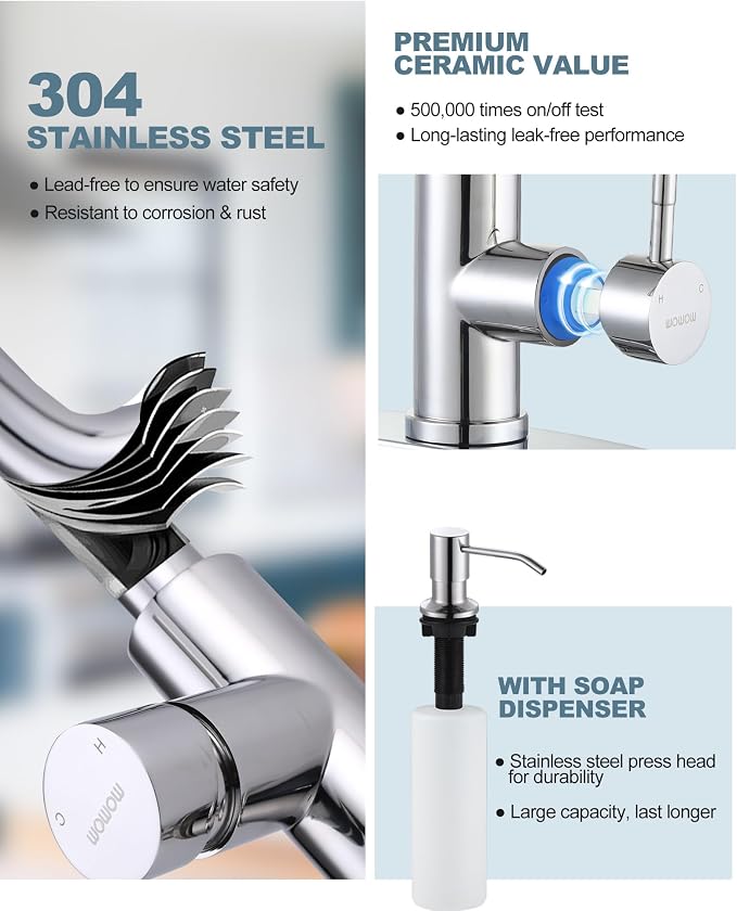 Chrome Kitchen Faucet with Soap Dispenser, WOWOW Stainless Steel Faucet for Kitchen Sink 2 or 4 Hole, High Arc Single Handle Pull Down Kitchen Faucet for Sink, RV, Laundry, Bar