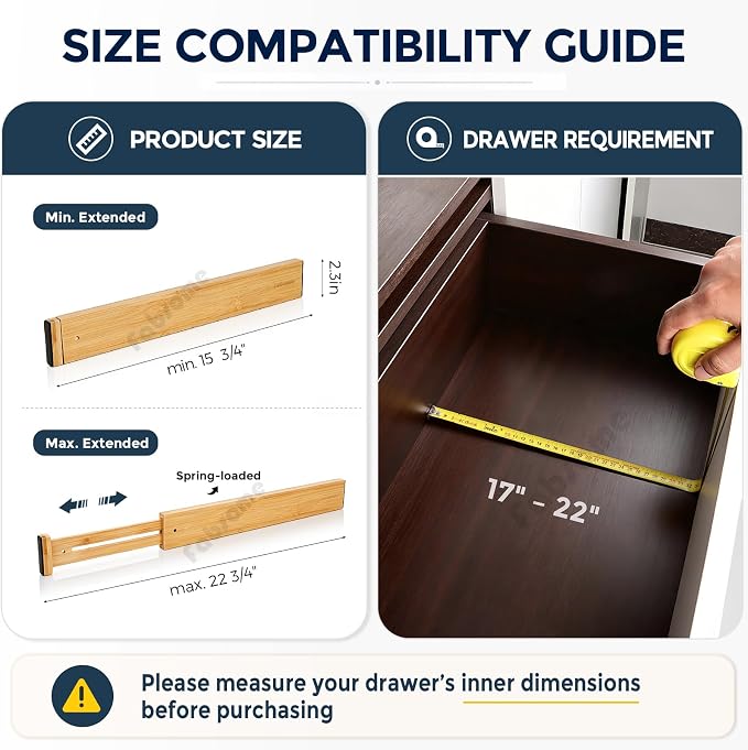 Fabsome Drawer Divider 6 Pack, Bamboo Kitchen Dividers Organizers Adjustable 17''-22'', Wooden Dresser Separators for Nursery Organization Clothes Socks Underwear Baby Clothing, with Soft Foam Ends