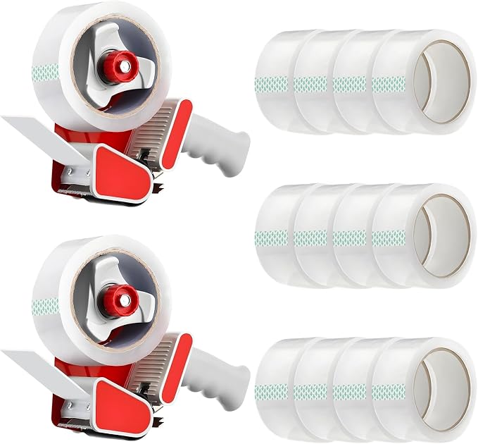 2 PCS Tape Gun for Packing Boxes, Includes 12 Rolls Clear Tape, 2 in Heavy Duty Tape Dispenser Gun Set for Shipping, Moving, Storage, Carton Box Sealing, Ergonomic Grip with Adjustable Pulling Force
