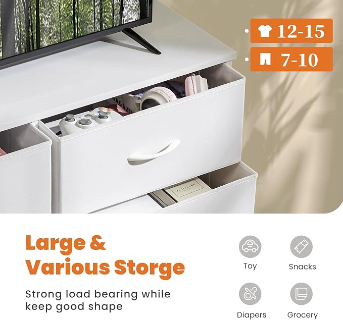 Sweetcrispy 7 Drawer Dresser Storage Organizer with Fabric Bins, White | Sturdy Steel Frame and Wood Top, Easy Pull Handles, for Bedroom Closet Hallway Entryway