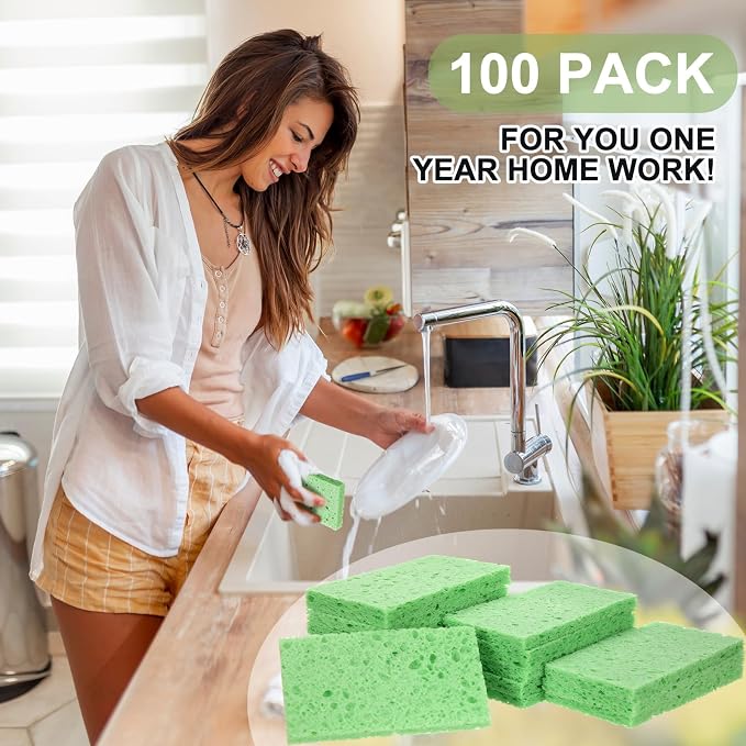 Zhengmy 100 Pieces Sponges Bulk Sponges Kitchen Compressed Sponge Natural Dish Sponge Compressed Wood Pulp Cleaning Without Scratching for Kitchen Bathroom, 3.9 x 2.4 x 0.12 Inch (Green)