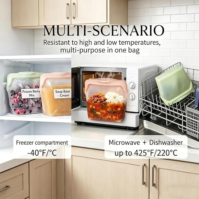 New Generation Silicone Storage, Reusable Silicone Food Storage Bags, Leak-Proof Upright Freezer Bags, Odor-Proof, High-Temperature Resistant, Microwave Dishwasher Safe for Snacks Leftovers (2-Pink)