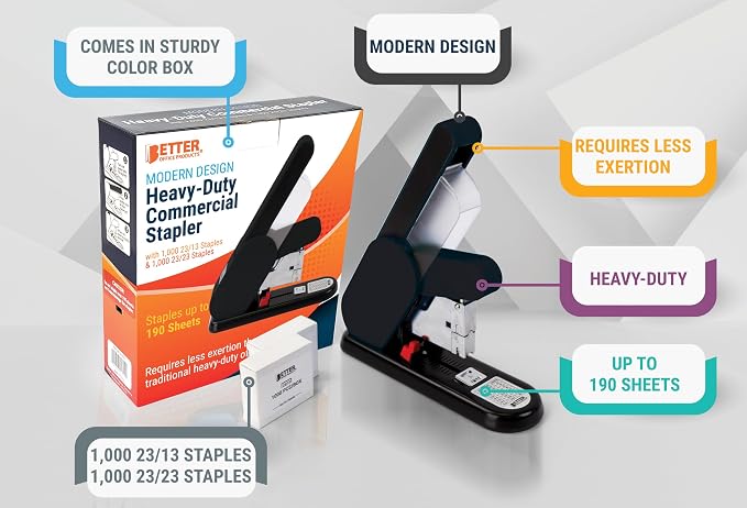 Better Office Products Heavy Duty Modern Stapler, Effortless Lever, 190 Sheet Capacity, 2,000 Heavy Duty Staples Included, Desk Stapler, Large Commercial Office Stapler (Black)