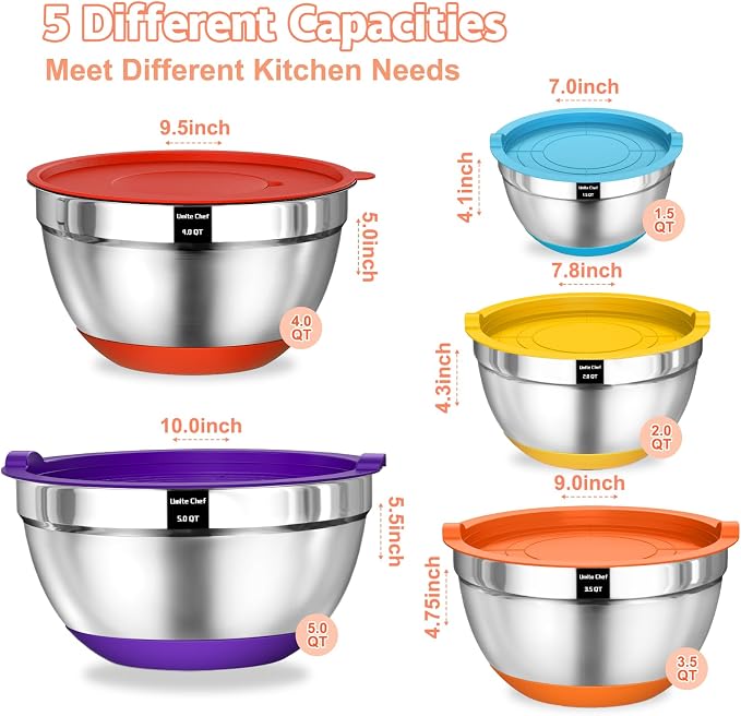 Umite Chef Mixing Bowls with Airtight Lids Set, 8PCS Stainless Steel Nesting Bowls Set, 3 Grater Attachments & Non-Slip Bottoms, Size 5, 4, 3.5, 2, 1.5QT for Baking & Mixing(Colorful)