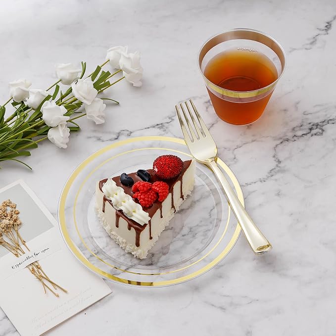BESTVIP 300PCS Plastic Dinnerware Set (50 Guests), Clear Gold Disposable Plates for Party, Wedding, Christmas, Anniversary, Includes: Dinner Plates, Dessert Plates, Cups, Spoons, Forks and Knives