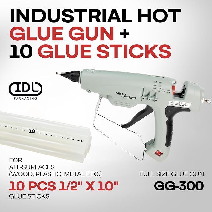 IDL Packaging GG-300 Industrial 300W Hot Glue Gun with 10 pcs Glue Sticks - 1/2" x 10" Full-Size Glue Sticks - Hot Glue Gun Kit for All Surfaces, Wood, Metal, Plastic, Glass, Tile, Cardboard