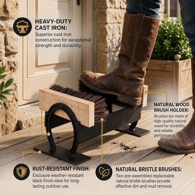 Renovators Supply Cast Iron Horseshoe Boot Scraper with Brushes | Decorative horseshoe design • Pre-assembled for convenience • Suitable for porches and entryways