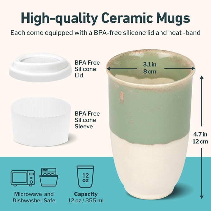 NOVA CERAMICS Travel Mug - Ceramic To Go Coffee Mug With Lid – Travel Mug Ceramic To Go Cup – Microwave & Dishwasher Safe Ceramic Coffee Mug With Lid - Gifts For Women Men Him Her – 12oz – Sage Green