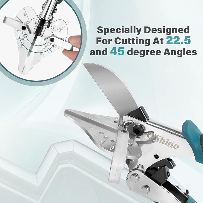 O'Shine 22.5 Professional Ratchet Miter Shears Elite, 22.5 45 & 90 Degree Heavy Duty Multi Angle Base Shoe Cutter, 3X Effort Saving Shoe Molding & Quarter Round Cutting Tool, 1 Extra Replacement Blade