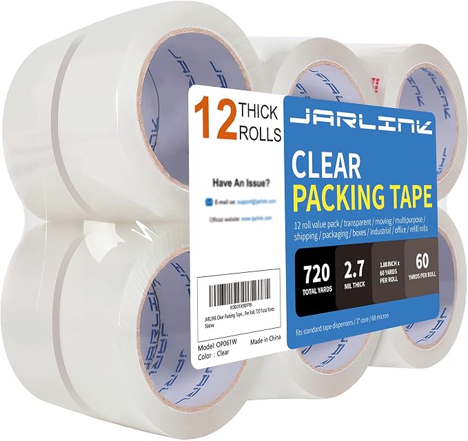 JARLINK 12 Rolls Clear Packing Tape, Heavy Duty Packaging Tape | 2.7mil Thick and 1.88" Wide. 60 Yards per Roll, 720 Total Yards. Moving Supplies for Shipping Packaging Sealing