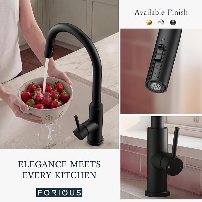 FORIOUS Kitchen Faucet with Hidden Pull Down Sprayer, Black Single Handle | Lead-Free, Stainless Steel, High Arc Sink Faucet with Deck Plate, 1 or 3 Hole Mount for Bar RV Outdoor Laundry Farmhouse