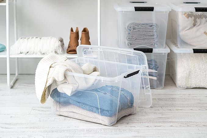 IRIS USA 40 QT Plastic Storage Box with Lid and Latches - 6 Pack - BPA-Free, See-Through Organizing Solution, Durable Nestable Stackable Containers, Secure Pull Handle - Clear