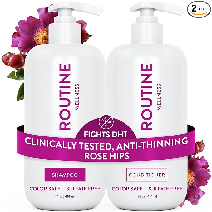 Routine Wellness Anti-Thinning Shampoo and Conditioner Set for Thinning Hair - Biotin DHT Blocker Women & Men - Color Safe Shampoo for Hair Loss & Healthier Hair - Rose Hips Set