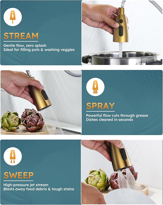 Brushed Gold Kitchen Faucet with Soap Dispenser, WOWOW Stainless Steel Kitchen Faucet for Sink, Single Handle Luxurious Gold Kitchen Sink Faucet with Sprayer