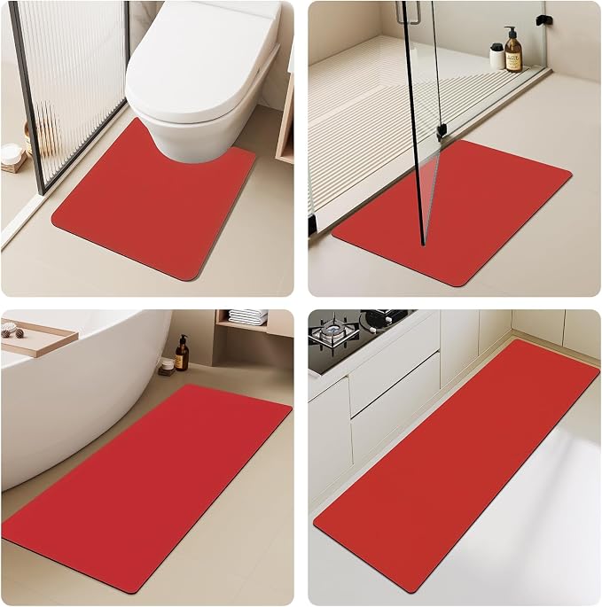 TYUU Christmas Bath Mat, Red Bathroom Rugs Non Slip Washable Thin Absorbent Bath Mat Fits Under Door Bathroom Floor Mat Perfect for Bath, Shower, or Sink 24"x48" Red