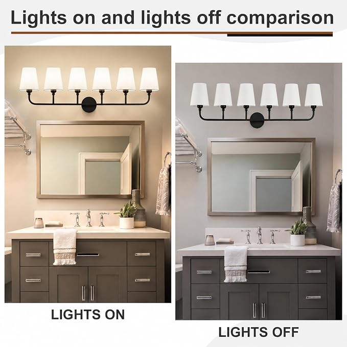 Bathroom Vanity Light, Matte Black Bathroom Light Fixtures, 6-Light Lighting Fixtures Over Mirror, Modern Wall Sconce with Flared White Fabric Shade, E26 Socket(ETL Listed)