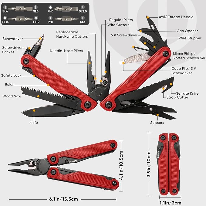 BIBURY Lightweight G10 Handle Multitool Pliers, 25-in-1 EDC Multi Tool with Replaceable Wire Cutters, Scissors, One-Hand Opening Pocket Knife Survival Tools for Camping, Repair,Survival -BI2048R