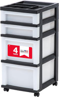 IRIS USA Plastic Drawer Storage Organizer Rolling Cart, with Wheels Casters, 4-Drawers, for Classroom Art Craft Supplies Dresser Closet Bathroom Laundry Room, Black/Pearl