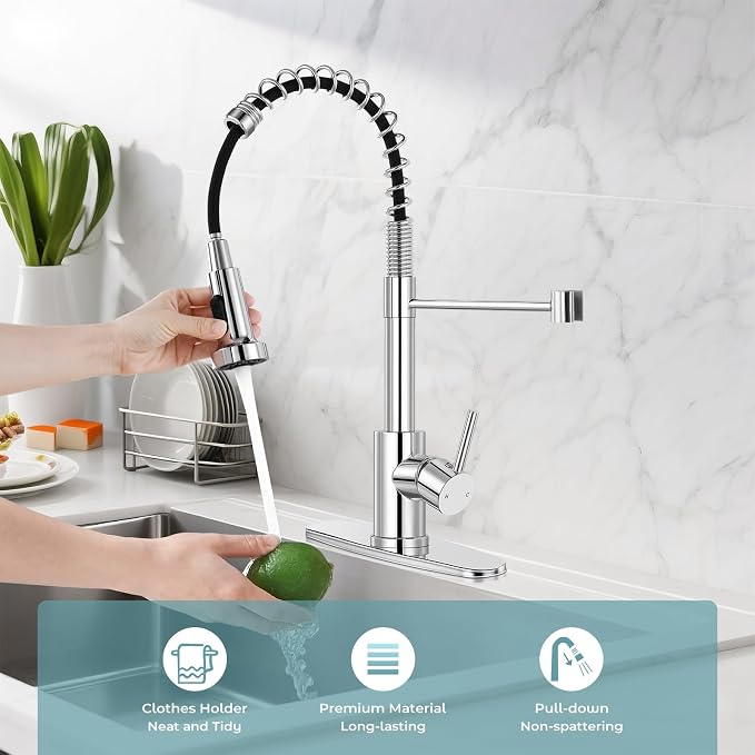 Kitchen Faucet with Pull Down Sprayer Chrome | 2-mode sprayer, 360° high arc spout, 304 SS build, drip-free valve, fingerprint-resistant, DIY install, NSF certified