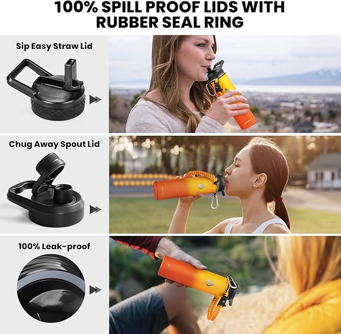 RAYMYLO Insulated Water Bottle 24 oz, Triple Wall Vacuum Stainless Steel (Cold for 24Hrs, Hot for 12Hrs), Leak Proof & Non-BPA, Modern Water Flask Jug with Paracord Handle & Straw Spout Lids
