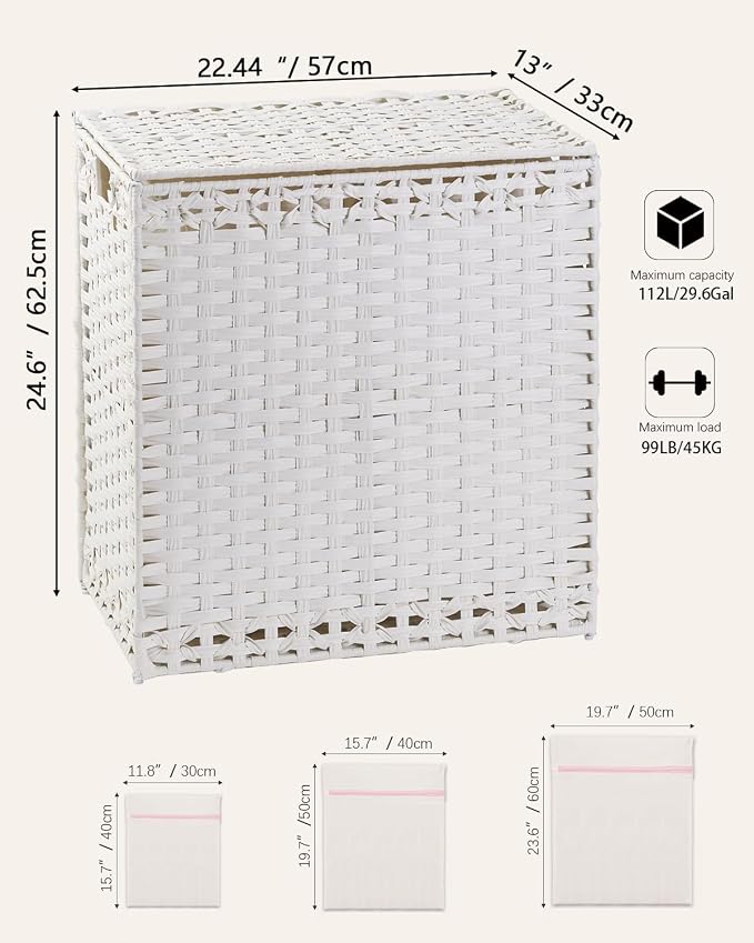 SETVSON Laundry Hamper with Lid Wicker Laundry Basket, White | Decorative Furniture Look for Bathroom & Bedroom, 3-Section Large Wicker Hamper, 3 Cloth Bags, 6 Mesh Bags Included