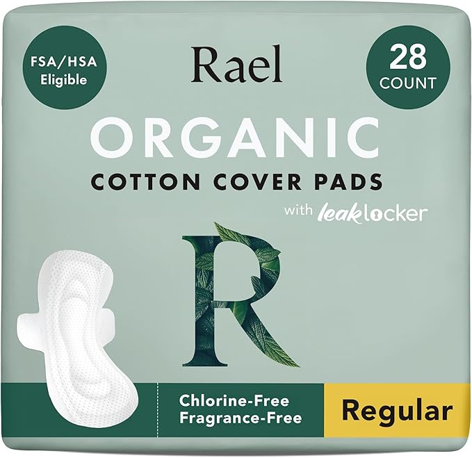Rael Organic Cotton Cover Pads - Regular Absorbency, Unscented, Ultra Thin Pads with Wings for Women (Regular, 28 Count)