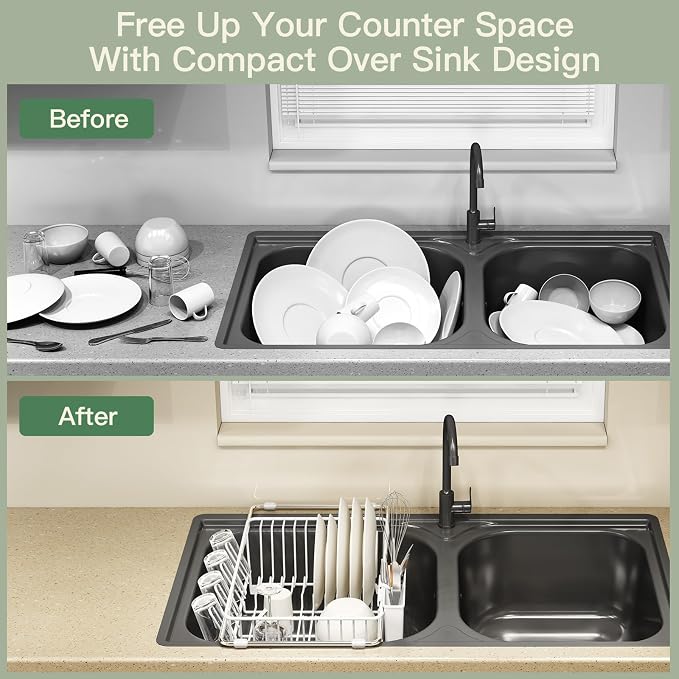 White Dish Drying Rack Over The Sink with Utensil Holder | Expandable Stainless Steel Dish Drainer for Small Kitchen, Apartment, RV, Counter Space Saving, Perfect Fit, Rustproof