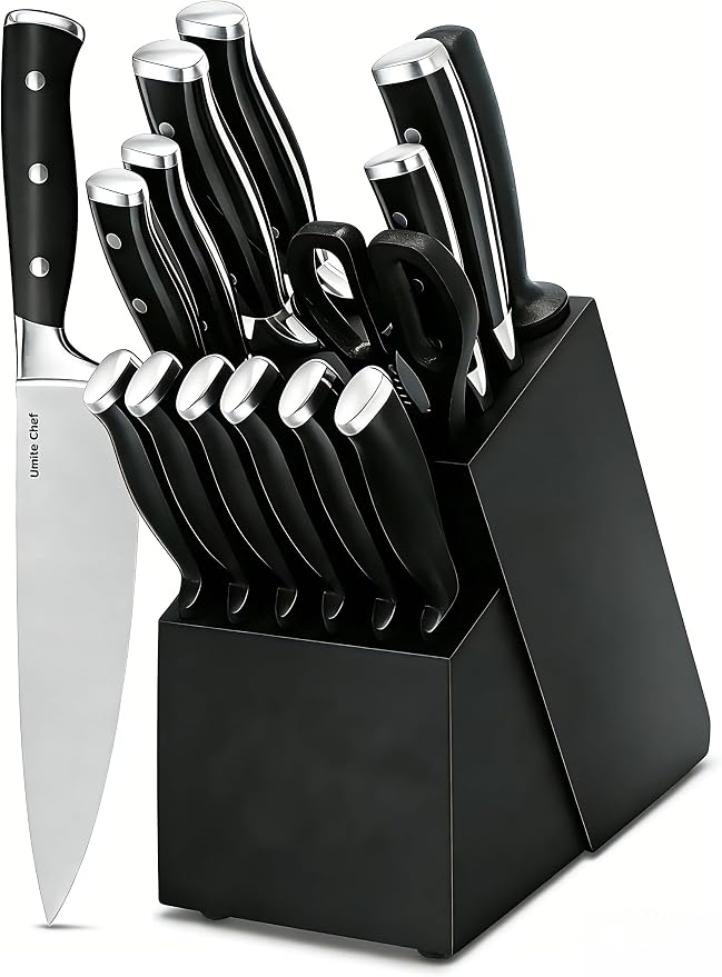 Knife Set, 15 Piece Premium Kitchen Knife Block Set, Razor-Sharp, High Carbon Stainless Steel Chef Knife, Ergonomic Forged Triple Rivet Handle, Black Sharp Knife Set for Kitchen, Dishwasher Safe