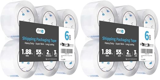 Art3d 6 Rolls Carton Sealing Tape Heavy Duty, Clear Packing Tape, 1.88" x 55 yds, 2 mil Thick, (Pack of 2)