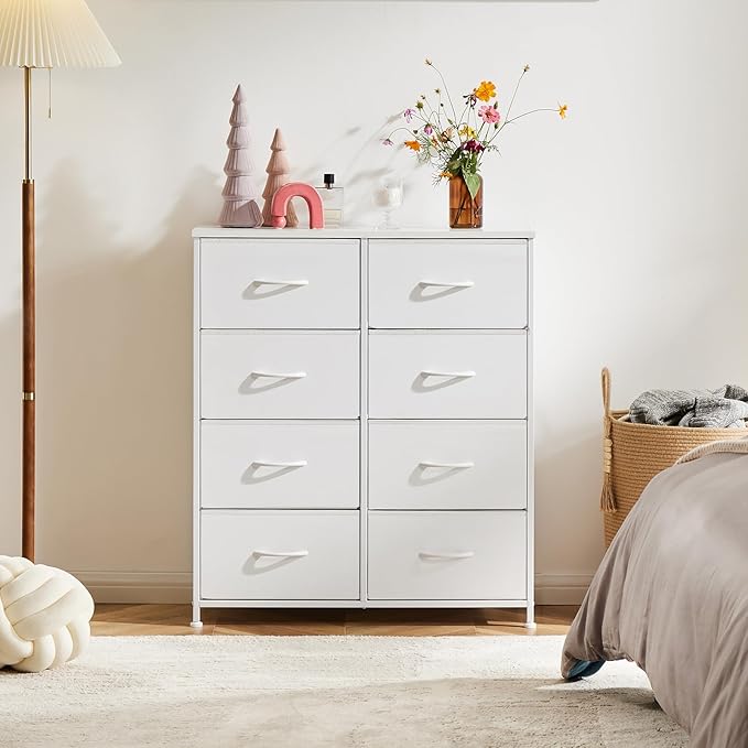 Sweetcrispy Dresser for Bedroom, Chest Organizer Unit with 8 Fabric Bins | Storage Tower, Drawer Organizer with Steel Frame, Wooden Top for Living Room, Closet