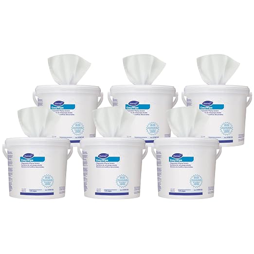 Diversey 5768748 EasyWipe Disposable Wiping System, DRY Wipes in Reusable Bucket - Use with Your Choice Disinfectant, 125 Large 12x10.5-Inch Wipes, 1-Bucket (Pack of 6)