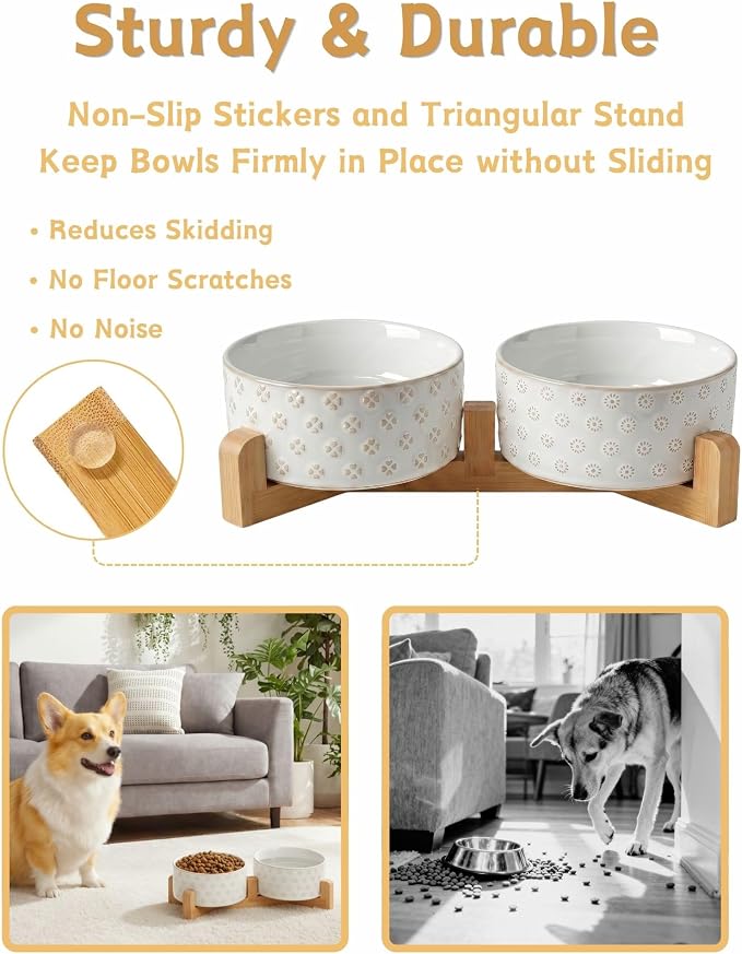 TRUVIC Ceramic Dog Bowl Set of 2 with Wood Stand, Jun Blanc Daisy & Clover Relief Dog Food and Water Bowl Set, 3.5 Cup/28 oz Puppy Food Bowls for Medium Dogs, Dishwasher Safe