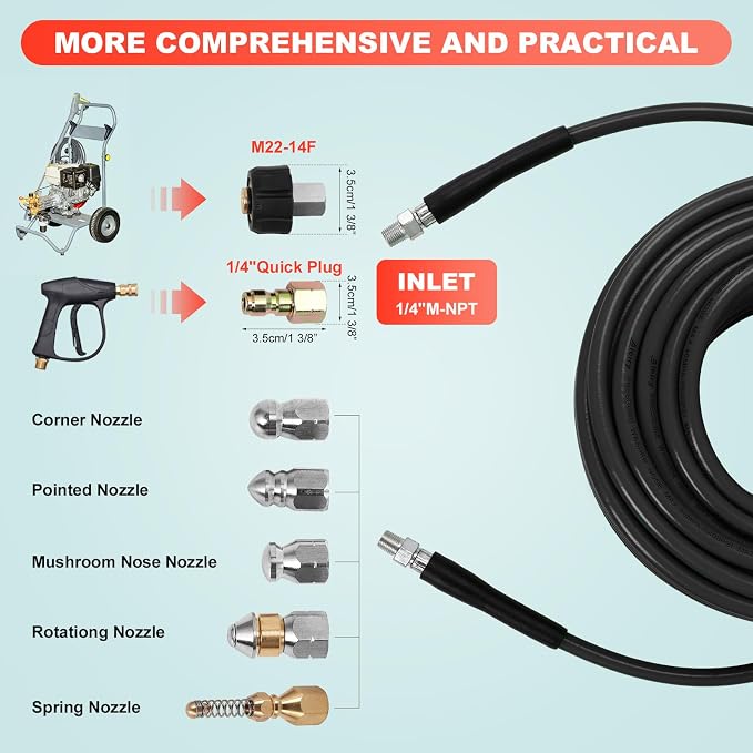 Sewer Jetter Kit for Pressure Washer,Water Jet Drain Cleaning Hose with Corner Rotating Button Spring Nose 1/4" NPT Sewer Cleaning Tool High-Pressure Nozzles,5800 PSI 50 FT