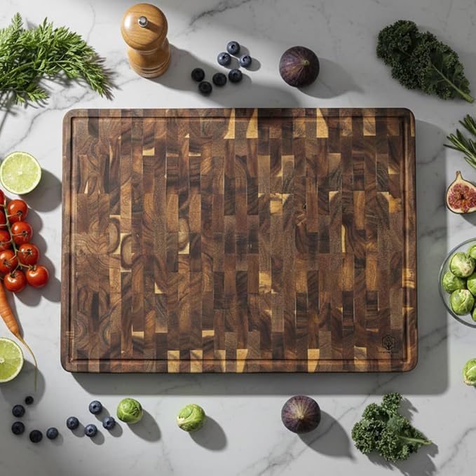 End Grain Acacia Wood Cutting Boards for Kitchen, 1.5 in Thick Butcher Block Construction for Stability, 24 x 18 in Extra Large Cutting Boards with Gift Box, Juice Groove and Handle