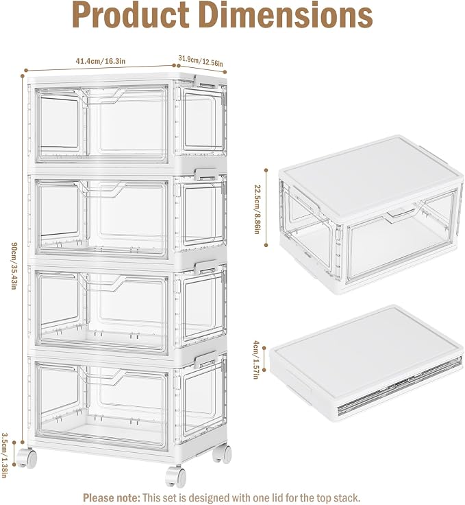 Kmiectse Clear Storage Bins with Lids - 4 Tier 32qt Plastic Stackable Bins | Clear Storage Bins with Lids - 4 Tier Plastic Bins with Wheels, Stackable Storage Bins, Closet Organizers Box