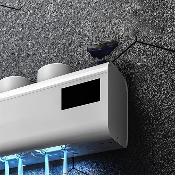 Toothbrush Rack Wall-Mounted Smart Toothbrush Holder No Punch Storage Rack 6 Toothbrush Slots, with Toothpaste Dispenser and Mouthwash Cup Bathroom Toothbrush Holder(A)