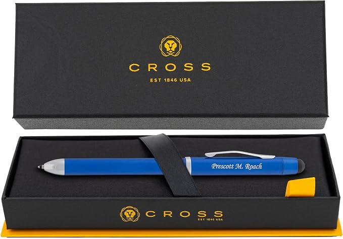 Cross Tech3+ Engraved Multifunction Pen, Metallic Blue, Black and Red Ballpoint plus Pencil, Stylus and Eraser, Silver Engraving Under Clip, Gift for Educators, Journalists, Graduation