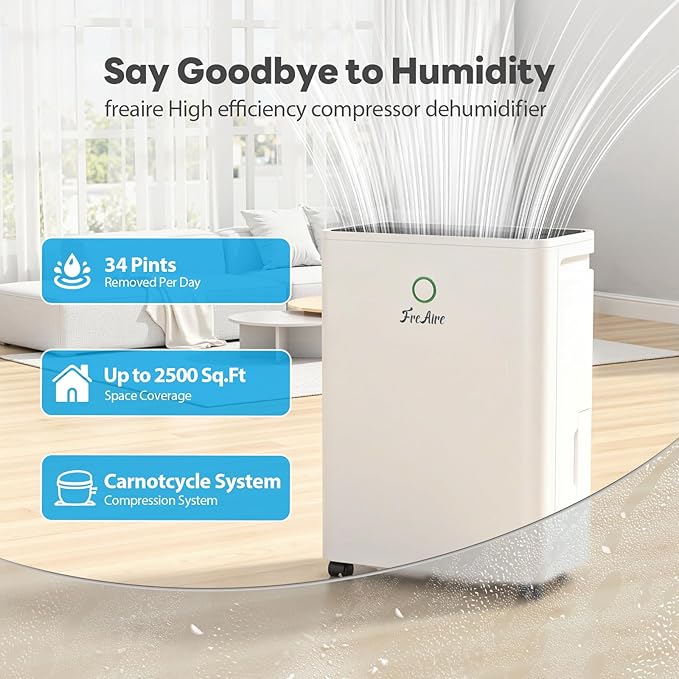 FreAire 2500Sq.Ft Dehumidifier for Basement with 6.56FT Drain Hose, 34Pint Dehumidifiers for Home, 40dB Quiet Dehumidifier for Bedroom, Bathroom, 2L Water Tank, 3-Color Humidity Light